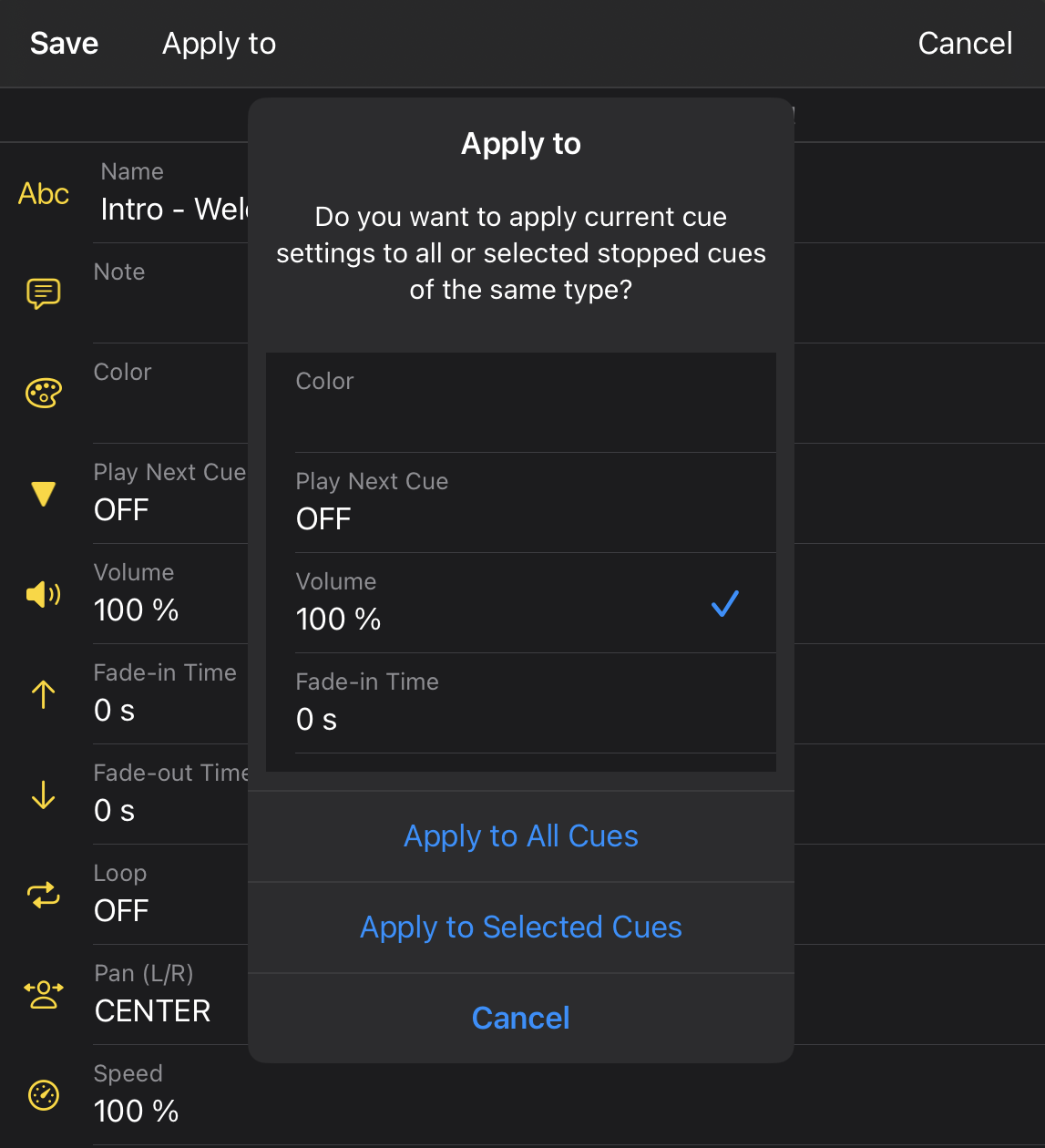 Apply to cue settings