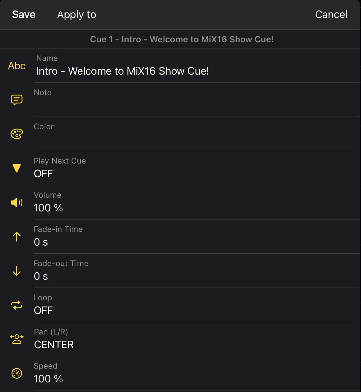 Cue settings