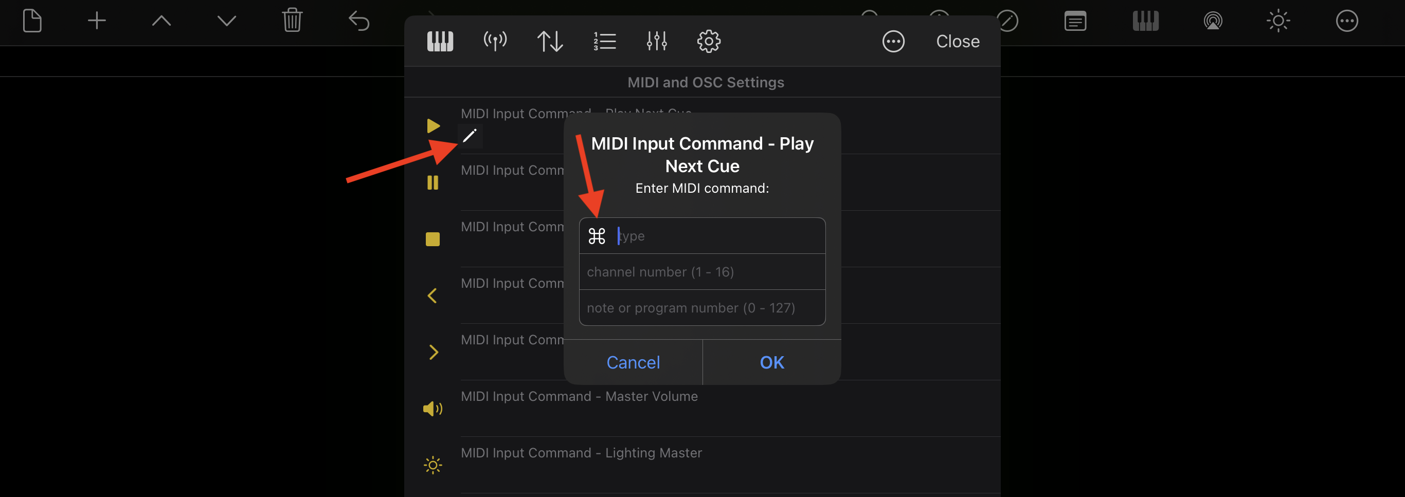 MIDI and OSC command editor