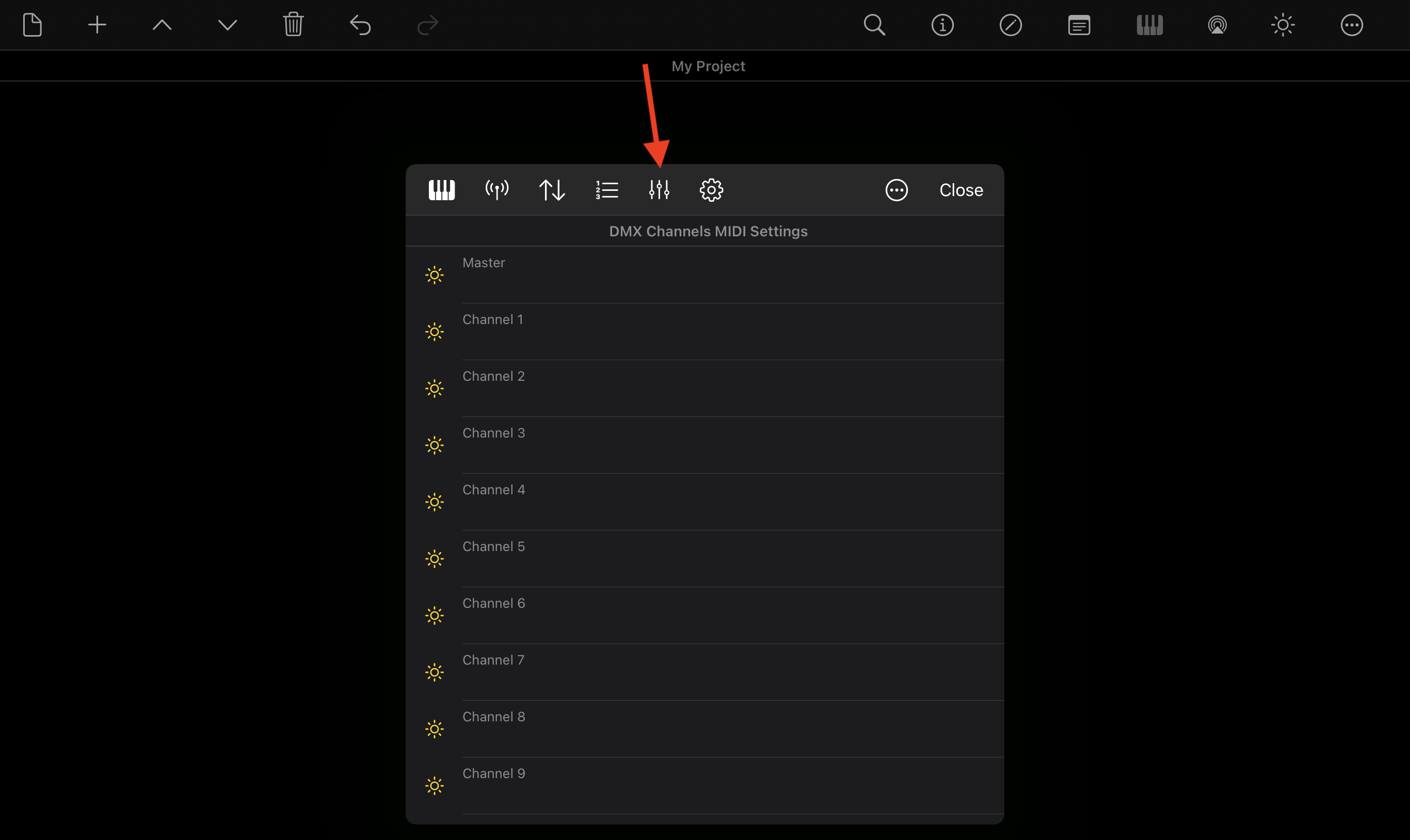 MIDI DMX channels settings
