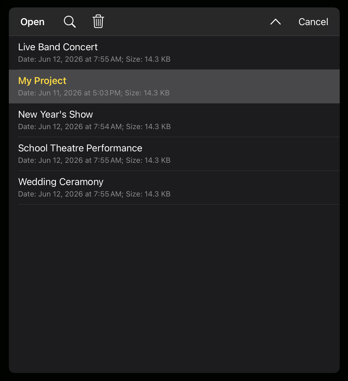 Open project window